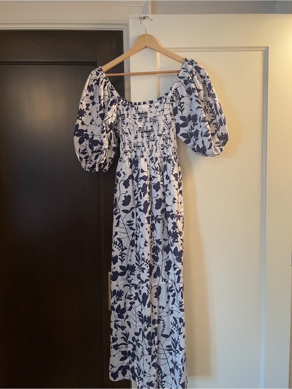 La Ligne White Maxi Dress with Blue Floral Print